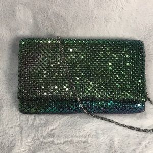 Jessica McClintock Clutch Evening Bag Green Sparkle W/ gunmetal chain Like New.